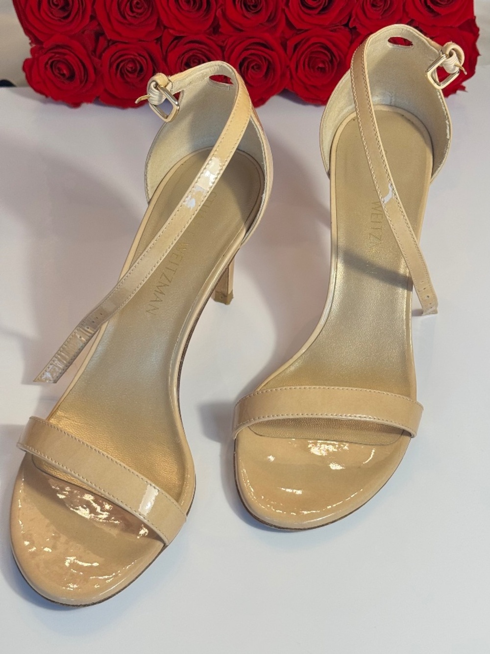 Stuart Weitzman Nudistong Nude Patent Ankle Strap Sandals